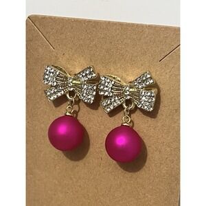 NWOT Dangle Earrings Rhinestone Bows Gold Accent With Hot Pink Ball Stud